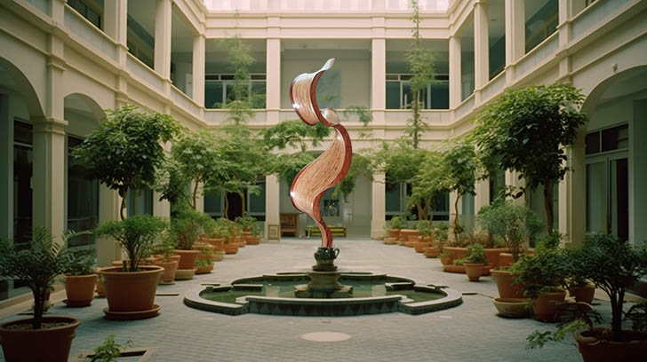 Outdoor courtyard with woodwave statue2